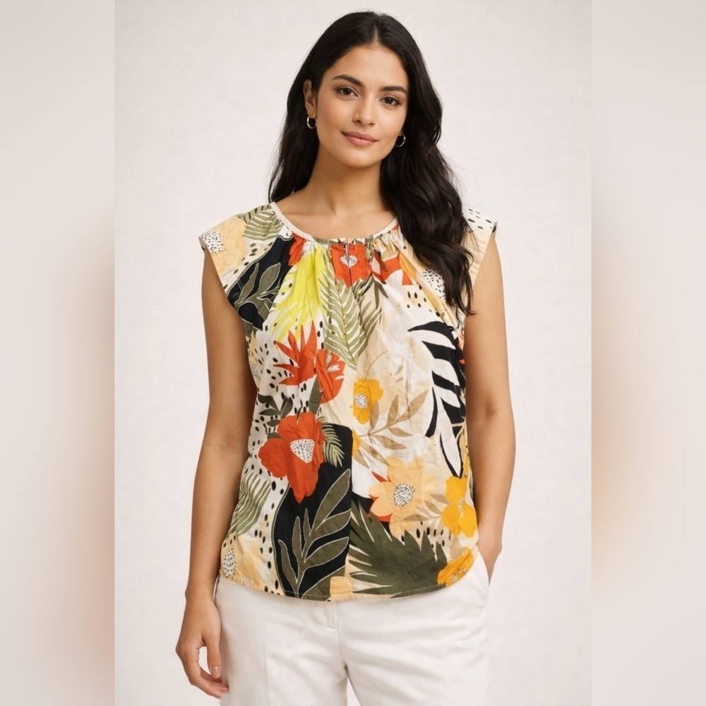 Sz S LOFT Tropical Floral Cap Sleeve Top Multicolor Flutter Lightweight Blouse